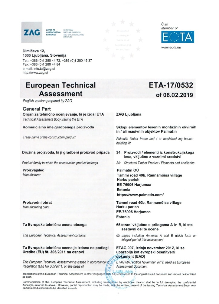Europäische Technische Bewertung (ETA), von der EOTA® für Holzrahmen und Blockhausbausätze